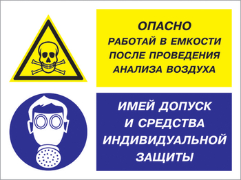 Кз 90 опасно - работай в емкости после проведения анализа воздуха. имей допуск и средства индивидуальной защиты. (пленка, 400х300 мм) - Знаки безопасности - Комбинированные знаки безопасности - магазин "Охрана труда и Техника безопасности"